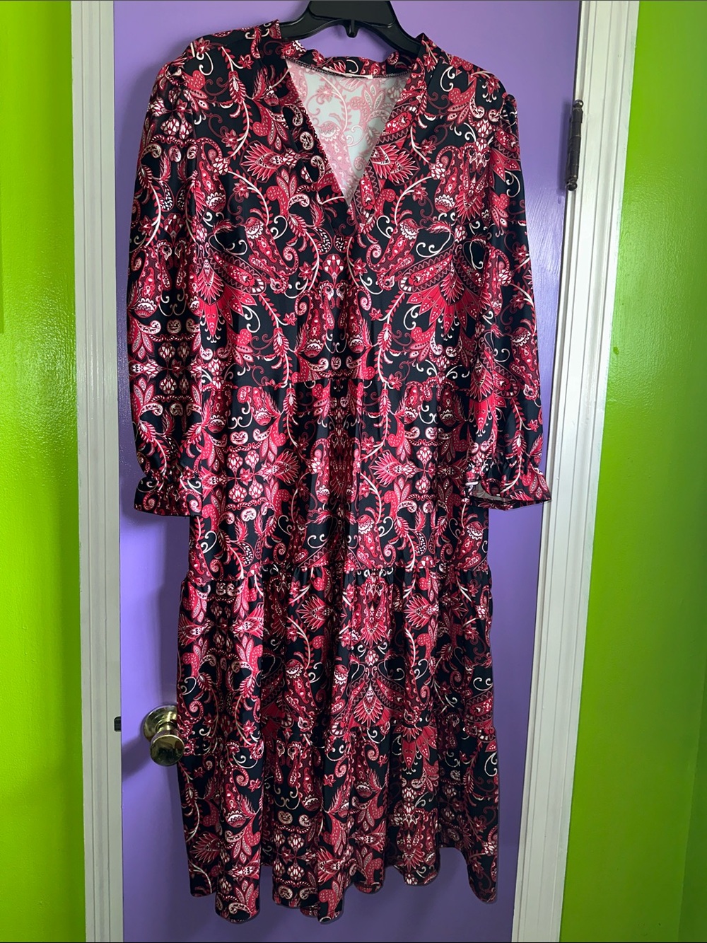 Jude Connally Black and Pink Paisley V-Neck Tiered Midi Dress